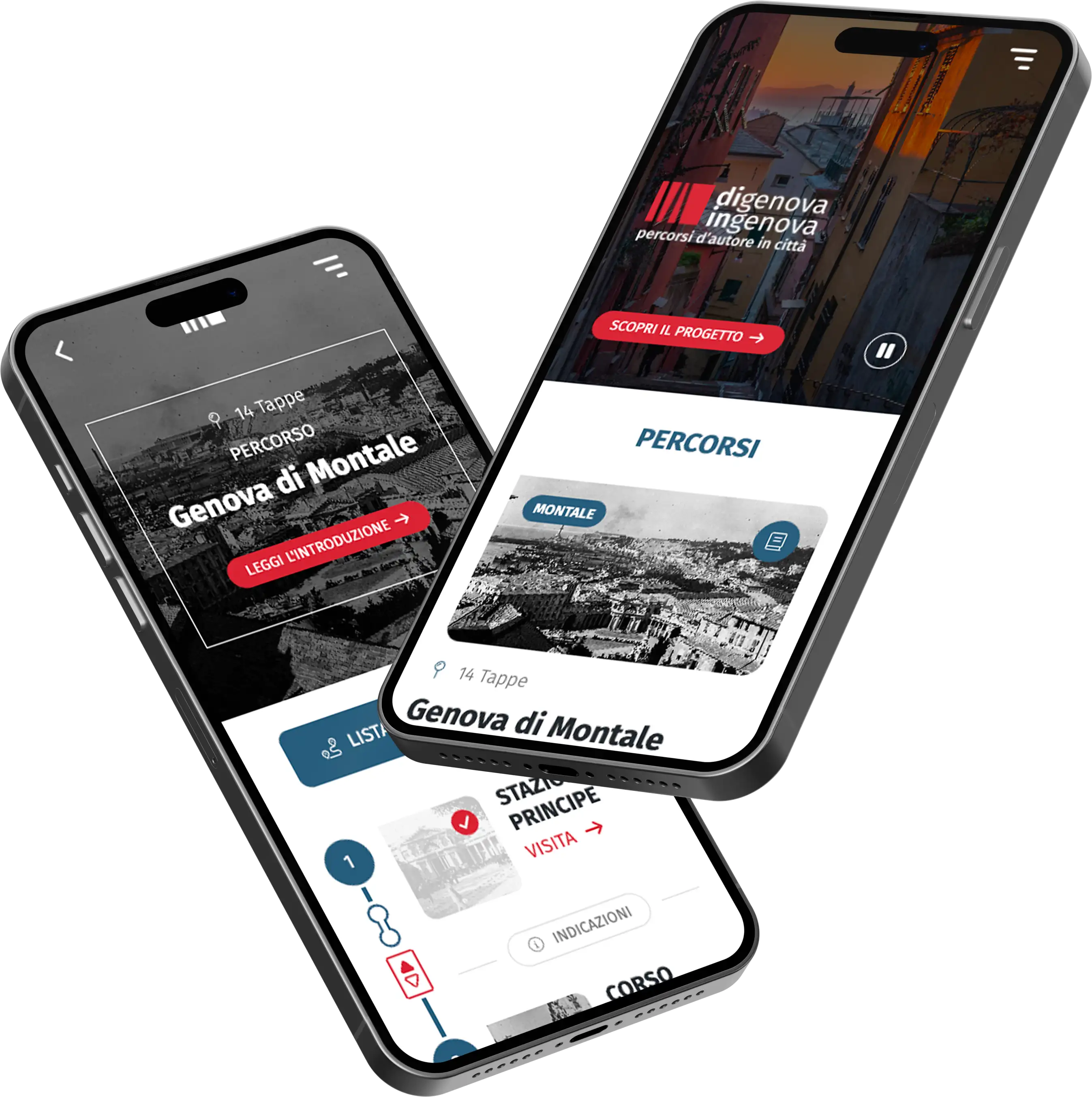 Riproduzione di due smartphone con le schermate della web app “di Genova in Genova”